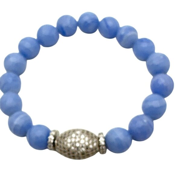 Whimsy Faceted Blue Lace Agate Beaded Stretch Bracelet Zircon Pave Oval Beads - Picture 5 of 7